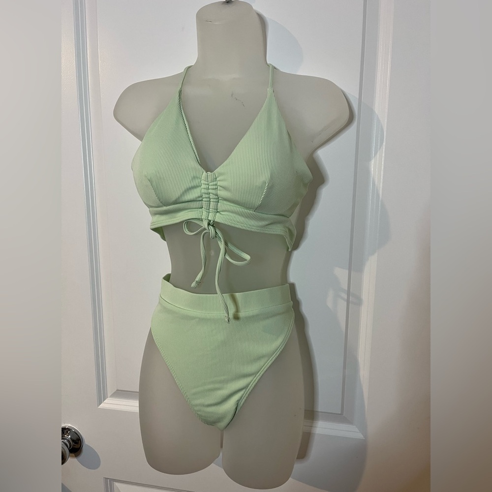 ZAFUL NWT Ribbed Cinched Lace Up Tankini Swimwear Set Summer Mint Green Sz 6